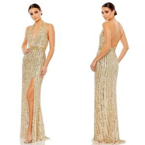Mac Duggal Gold Nude Beaded Sequin Halter Evening Gown Style 5759 Size 10